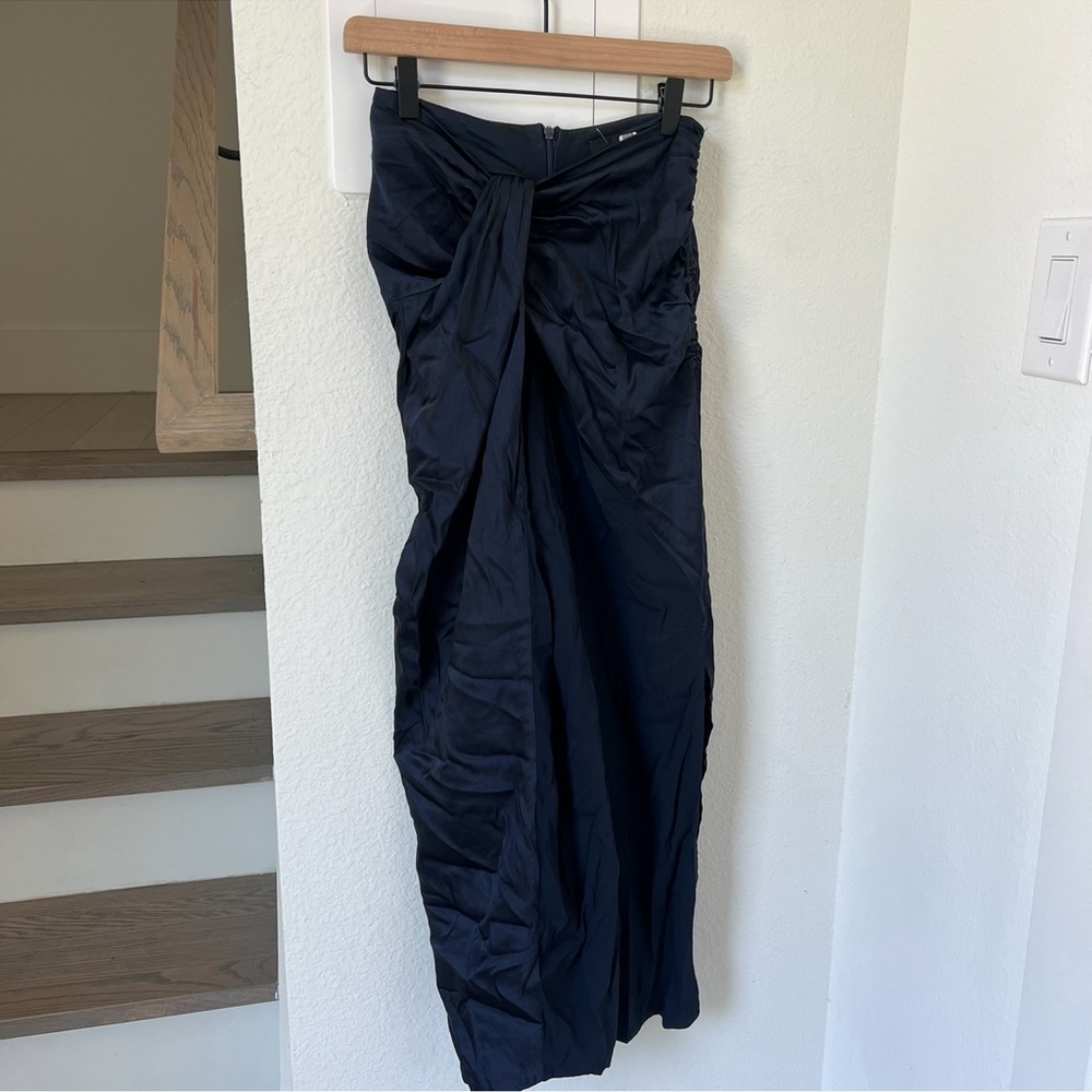 Sid Neigum Navy Gathered Satin Midi Skirt In Navy Blue — image 2 of 8